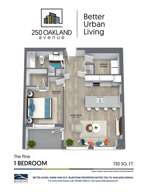 Floor plan for 1 bed, 1 bath, 730 sqft